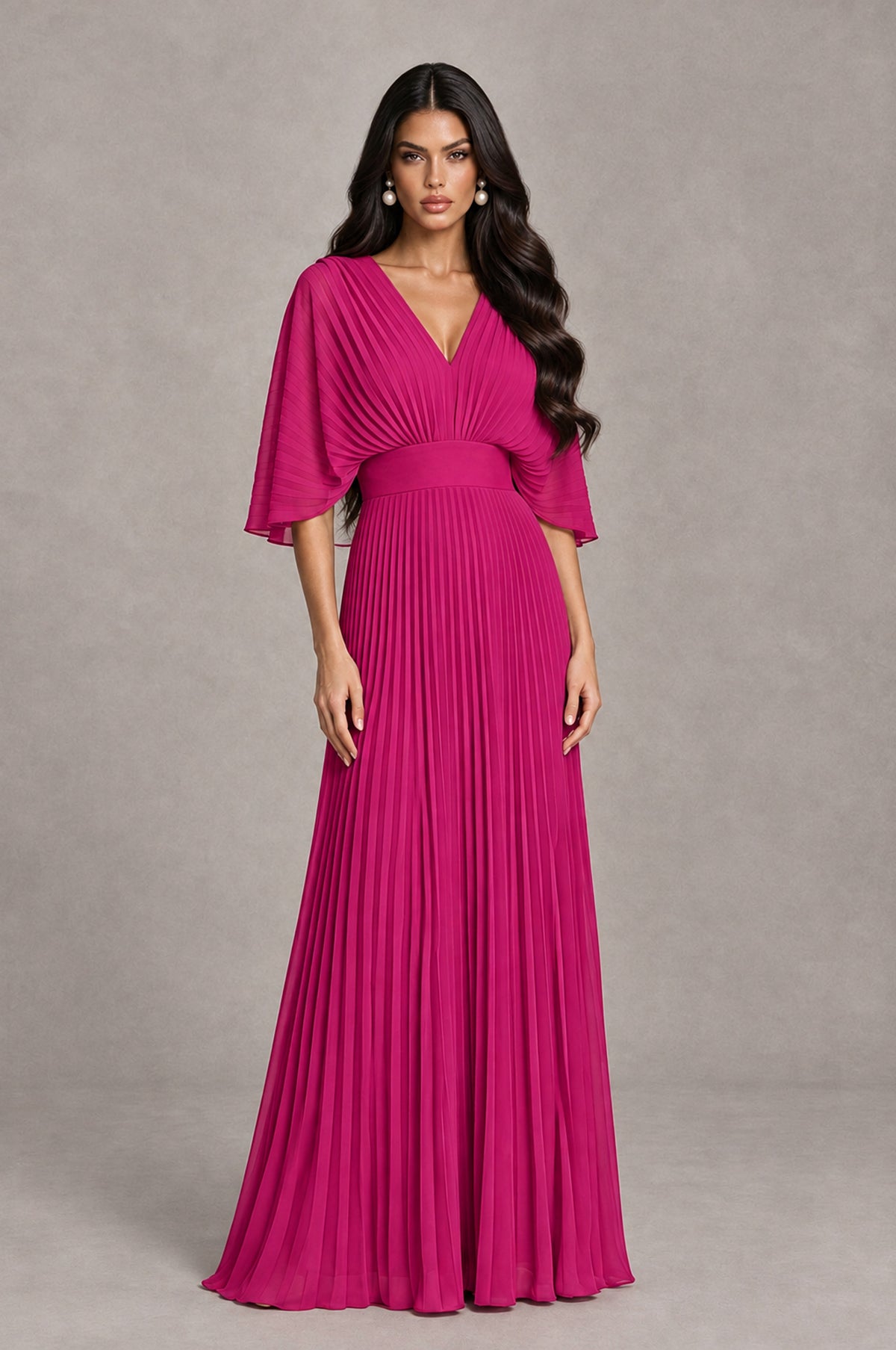 BOLODOO Fuchsia V-Neck Pleated Flutter Sleeve Formal Dress - Fuchsia - Fuchsia_1