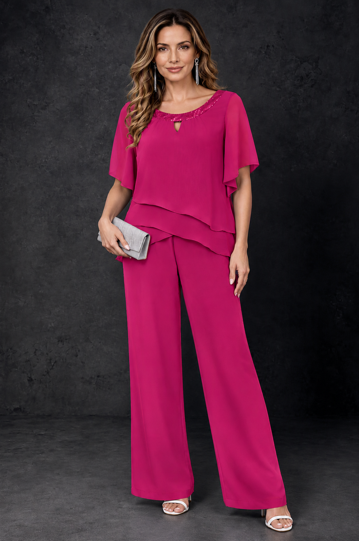 BOLODOO Fuchsia Layered Chiffon-Look Mother of the Bride Pantsuit - Fuchsia - Fuchsia_1