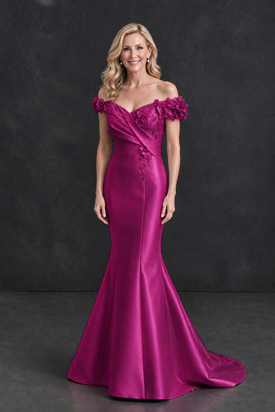BOLODOO Fuchsia Off-Shoulder Floral Mermaid Mother of the Bride Dress - Fuchsia - Fuchsia_1