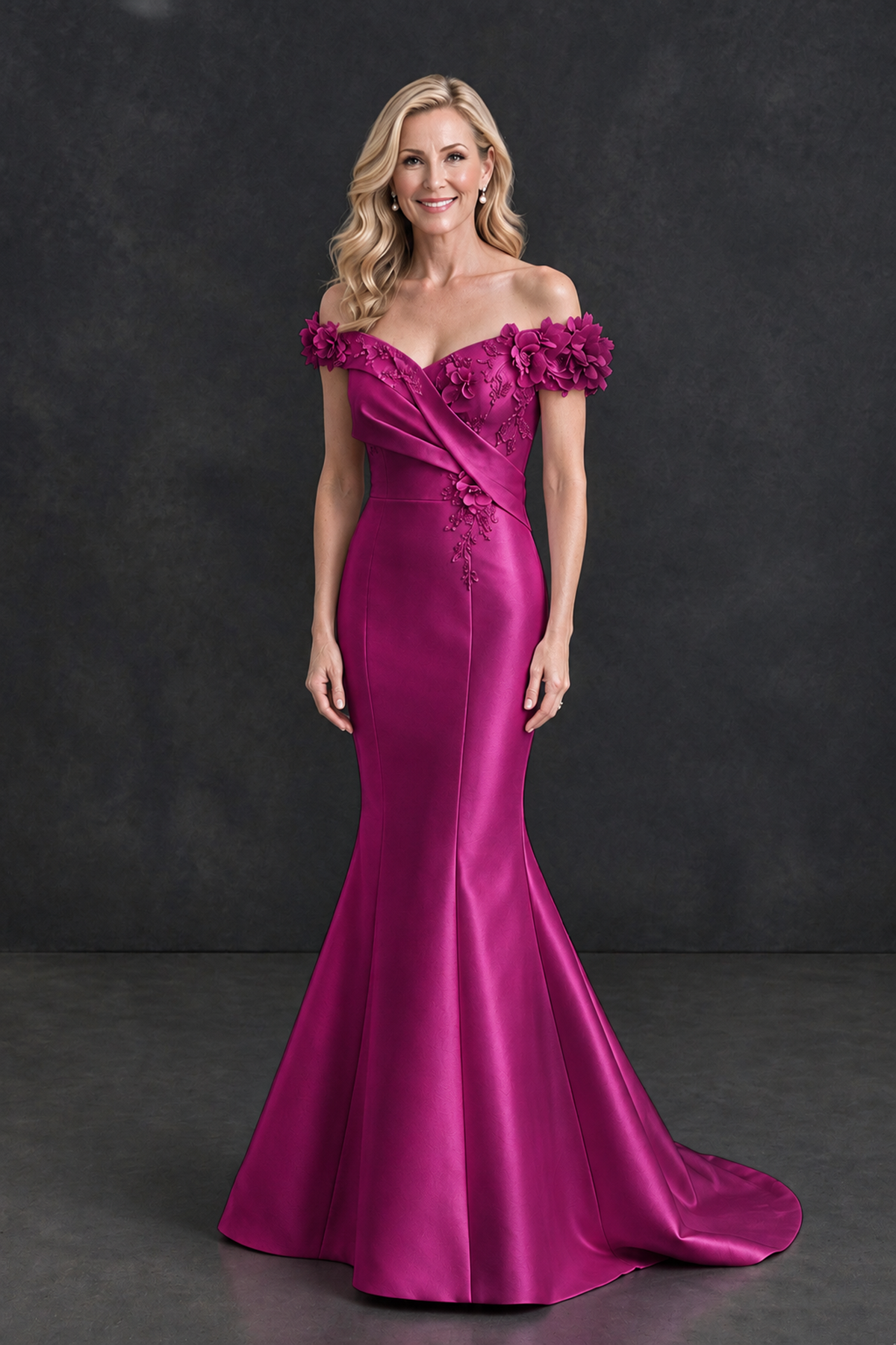 BOLODOO Fuchsia Off-Shoulder Floral Mermaid Mother of the Bride Dress - Fuchsia - Fuchsia_1