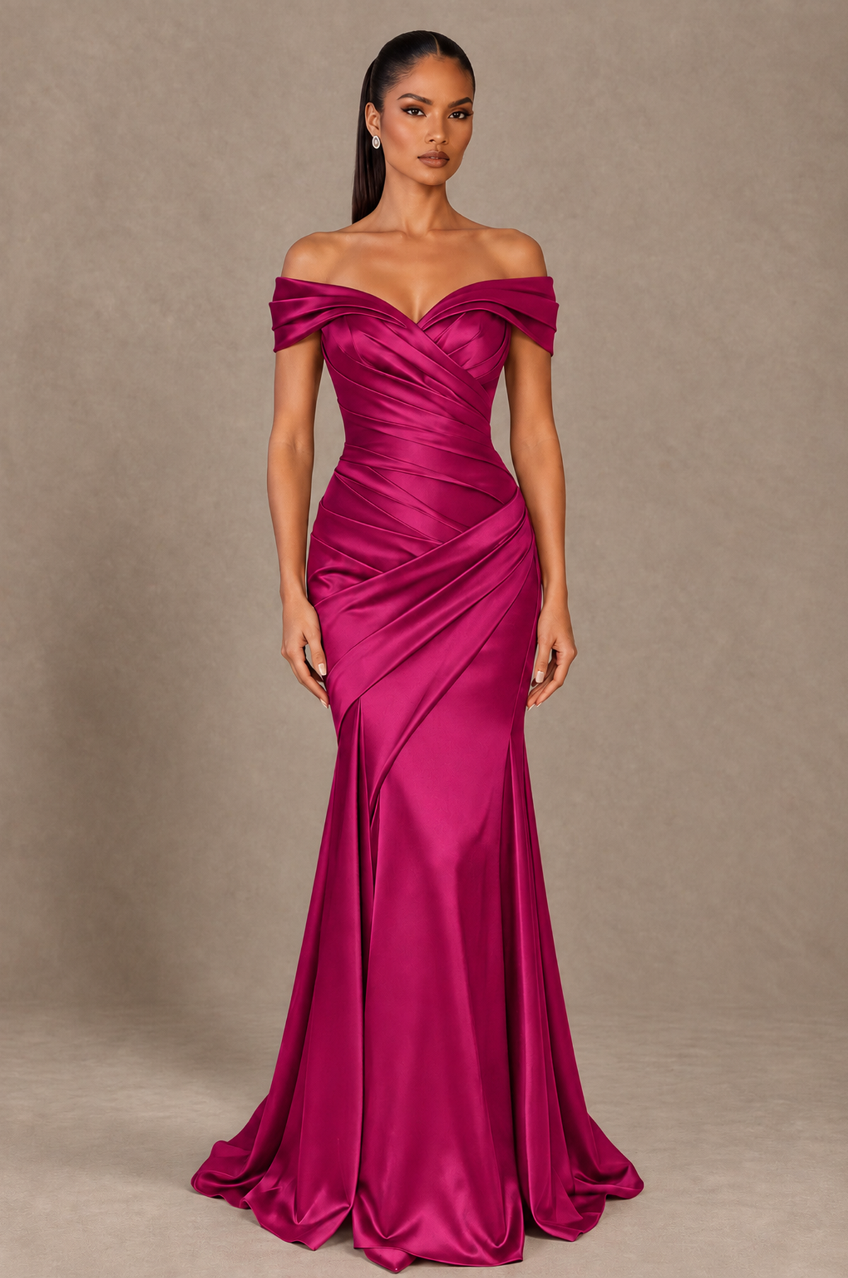 BOLODOO Fuchsia Off-the-Shoulder Ruched Satin Mermaid Evening Dress - Fuchsia - Fuchsia_1