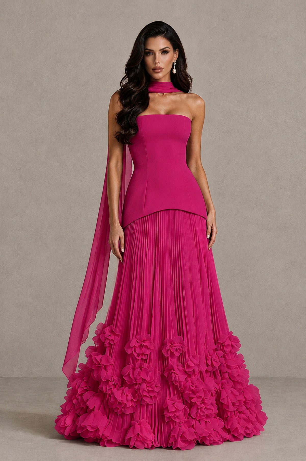 BOLODOO Fuchsia Strapless Pleated Floral Hem Evening Gown - Fuchsia - Fuchsia_1