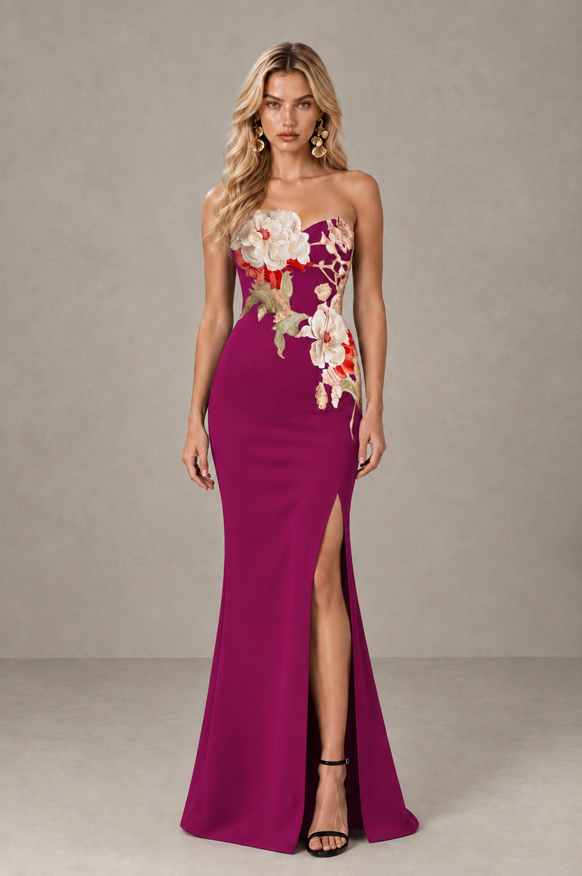 BOLODOO Fuchsia Strapless Floral Mermaid Evening Dress with Slit - Fuchsia - Fuchsia_1