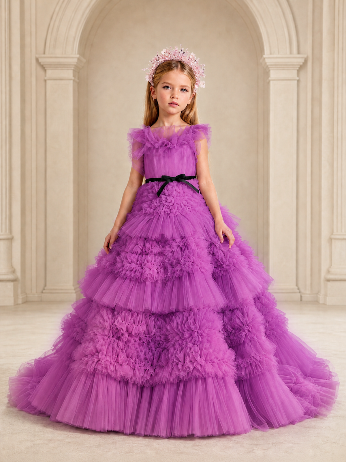 BOLODOO Fuchsia Tiered Tulle Flower Girl Dress with Floral Appliques - Fuchsia - Fuchsia_1