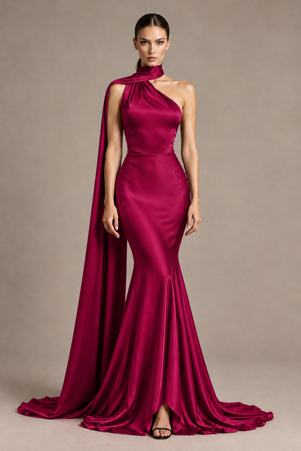 BOLODOO Fuchsia One-Shoulder Satin Mermaid Evening Dress with Scarf - Fuchsia - Fuchsia_1