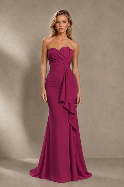 BOLODOO Fuchsia Strapless Sweetheart Ruched Mermaid Gown | Cascade Drape Formal Evening Dress - Fuchsia - Fuchsia_1
