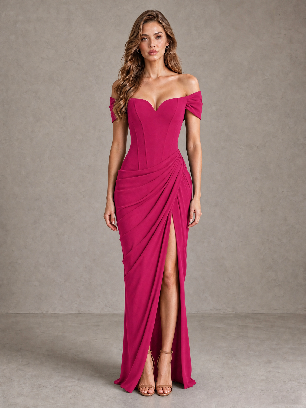 BOLODOO Fuchsia Off-Shoulder Ruched Corset Wedding Guest Dress with Slit - Fuchsia - Fuchsia_1