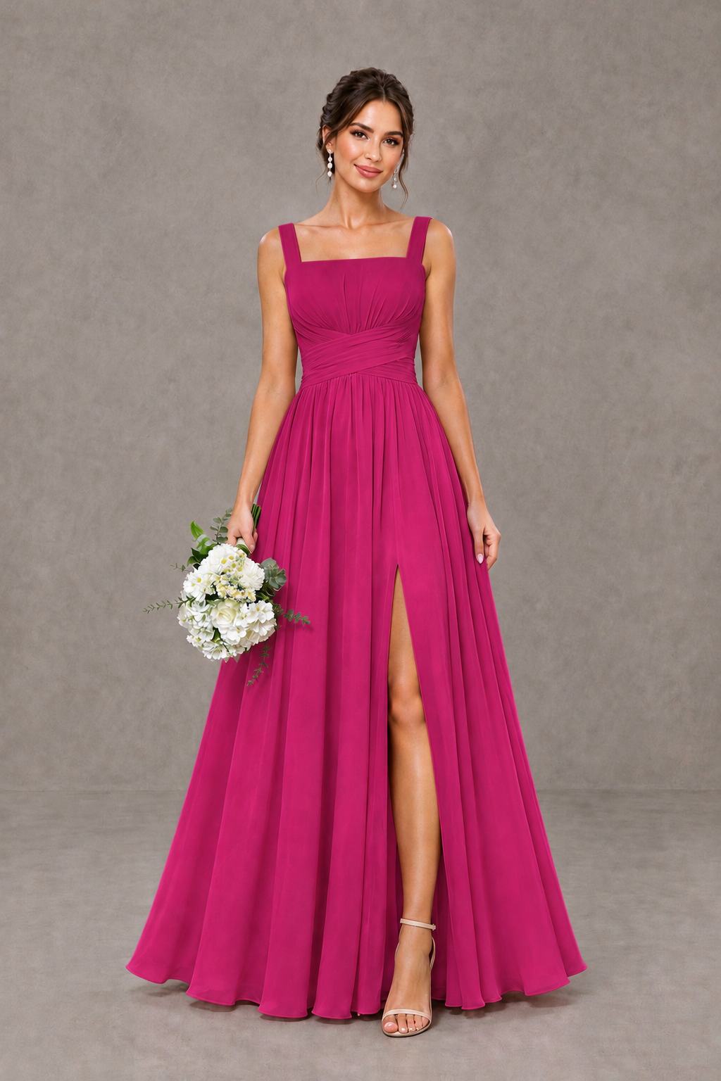 BOLODOO Fuchsia Square Neck A-Line Bridesmaid Dress with Slit - Fuchsia - Fuchsia_1