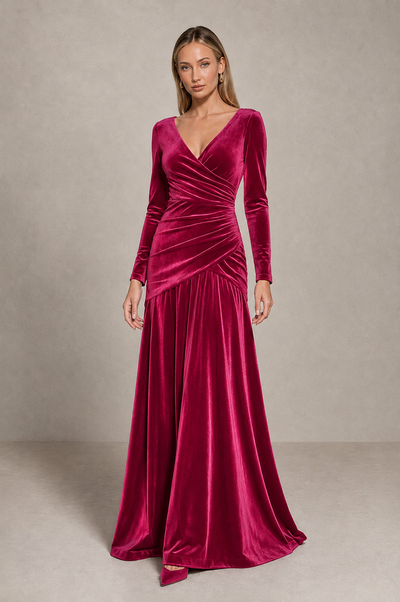 BOLODOO Fuchsia Velvet Long Sleeve V-Neck Ruched Evening Dress - Fuchsia - Fuchsia_1