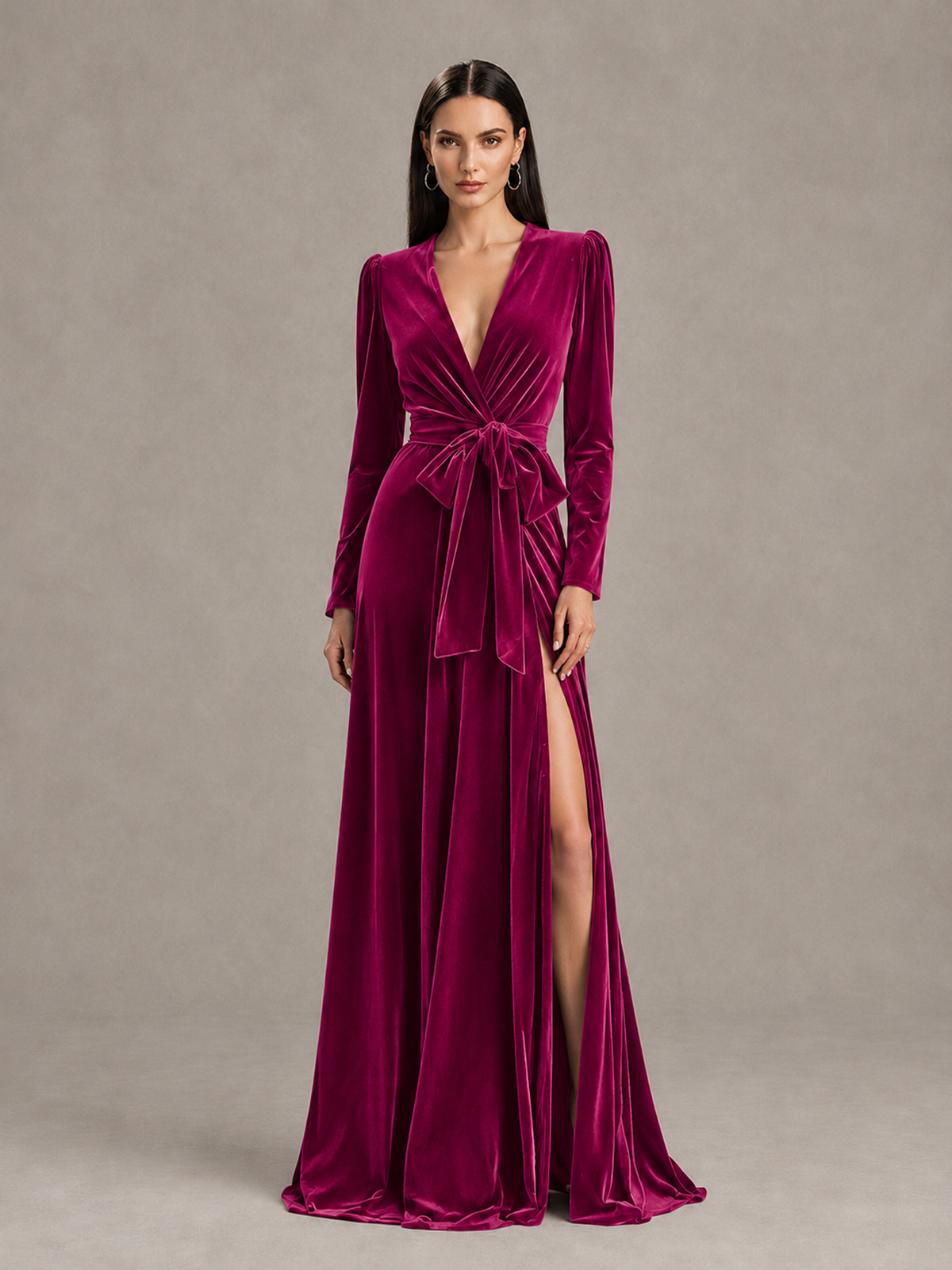 BOLODOO Fuchsia Long Sleeve Velvet-Look Evening Dress with High Slit - Fuchsia - Fuchsia_1