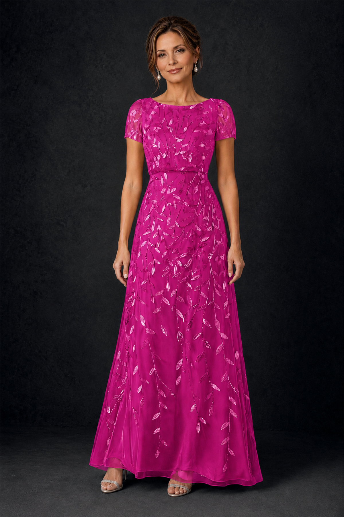 BOLODOO Fuchsia Leaf Embroidered A-Line Formal Gown with Cap Sleeves - Fuchsia - Fuchsia_1