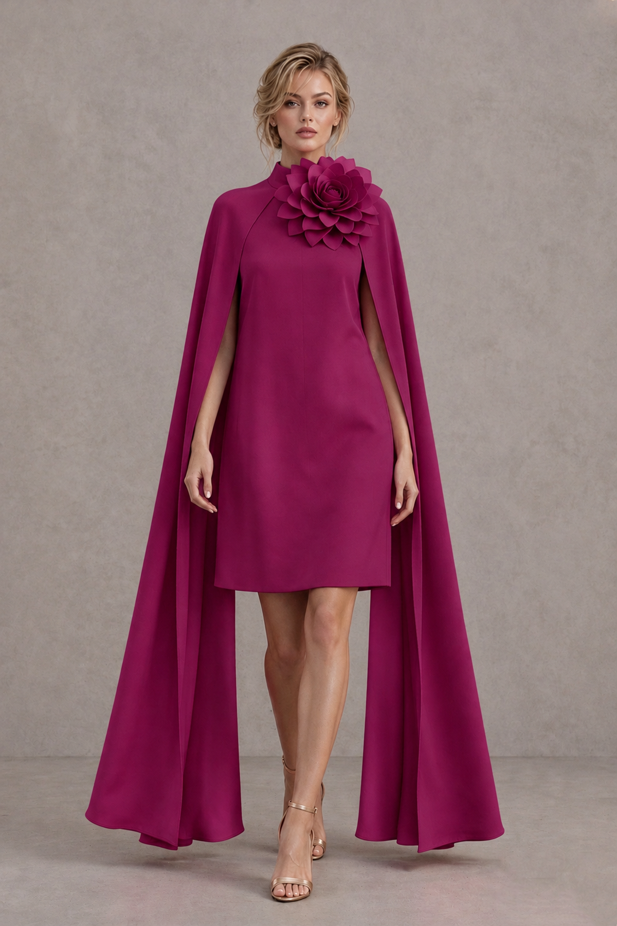 BOLODOO Fuchsia High Neck Floral Cape Mini Cocktail Dress - Fuchsia - Fuchsia_1