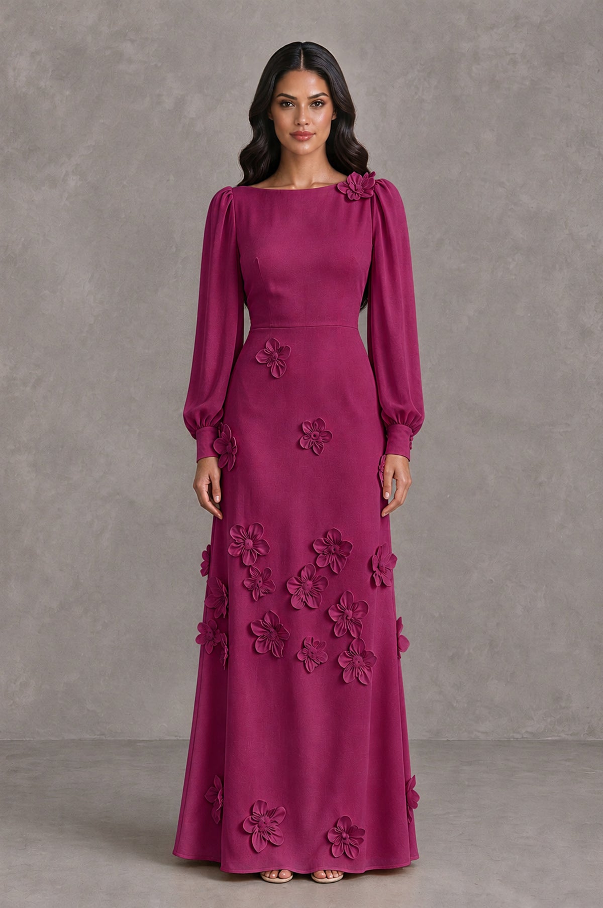 BOLODOO Fuchsia Long Sleeve Floral Applique A-Line Evening Dress - Fuchsia - Fuchsia_1