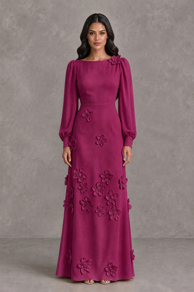 BOLODOO Fuchsia Long Sleeve Floral Applique A-Line Evening Dress - Fuchsia - Fuchsia_1