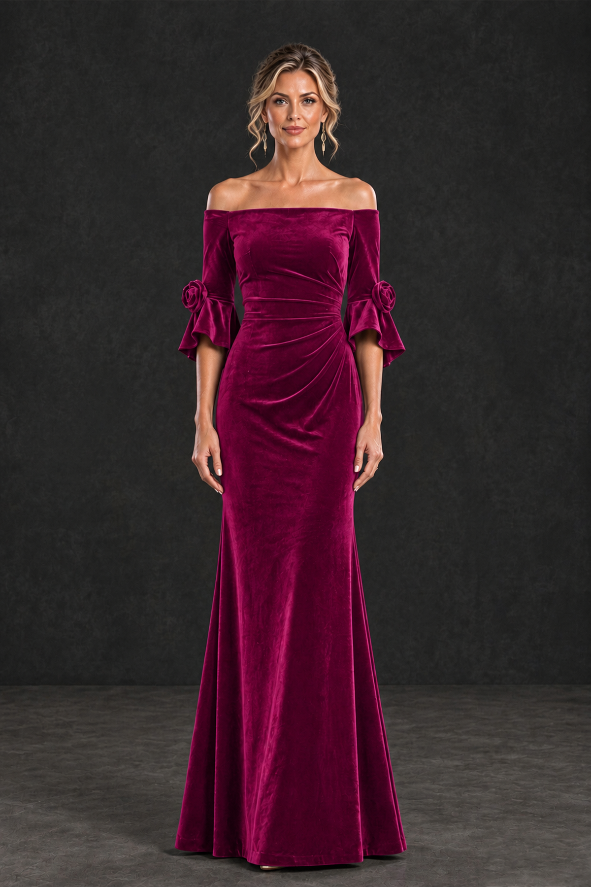 BOLODOO Fuchsia Velvet Off-Shoulder Mother of the Bride Dress – 3/4 Floral Cuff Sleeve Mermaid Evening Gown - Fuchsia - Fuchsia_1