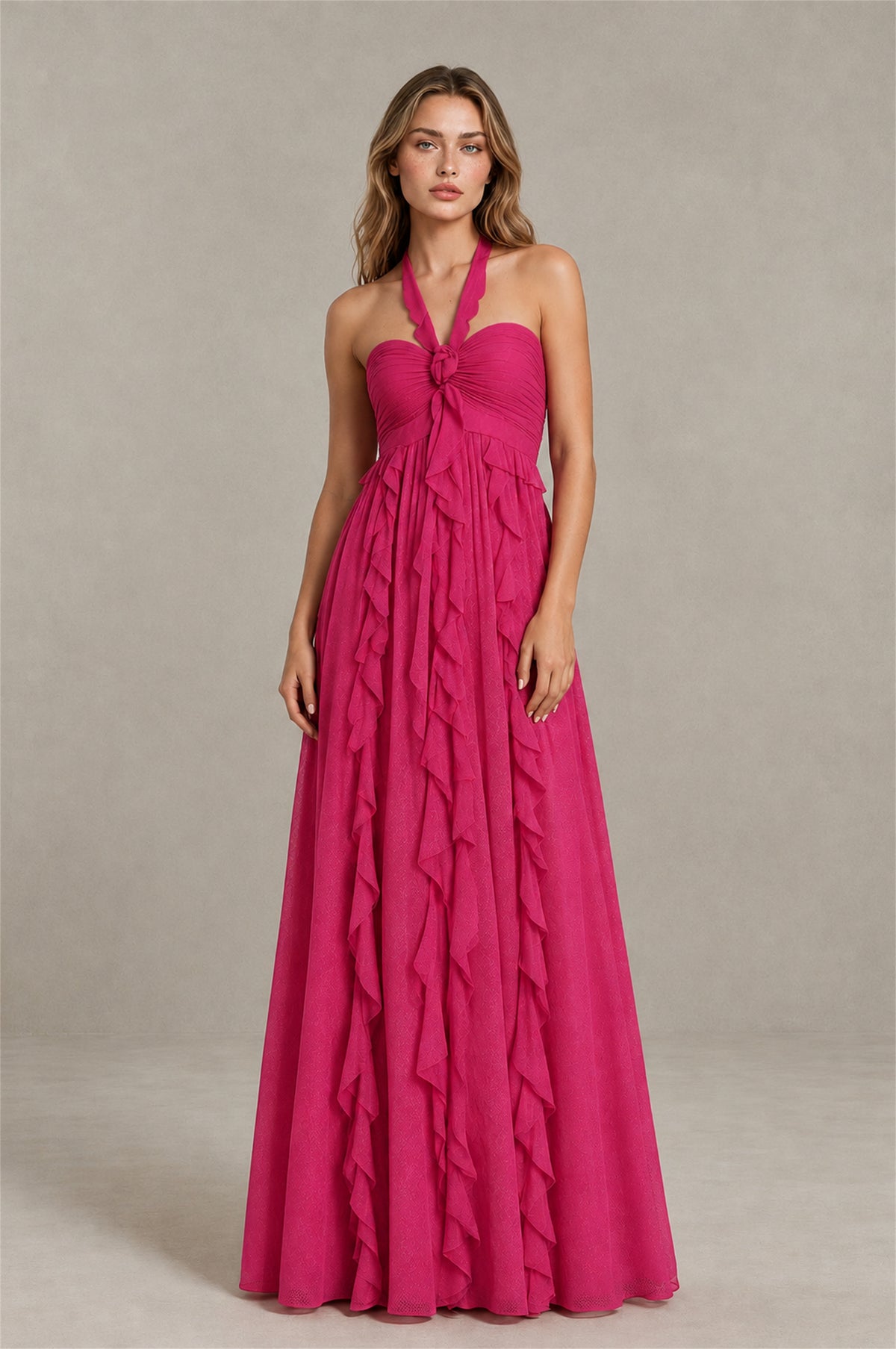 BOLODOO Fuchsia Halter Ruffle A-Line Floor-Length Evening Dress - Fuchsia - Fuchsia_1
