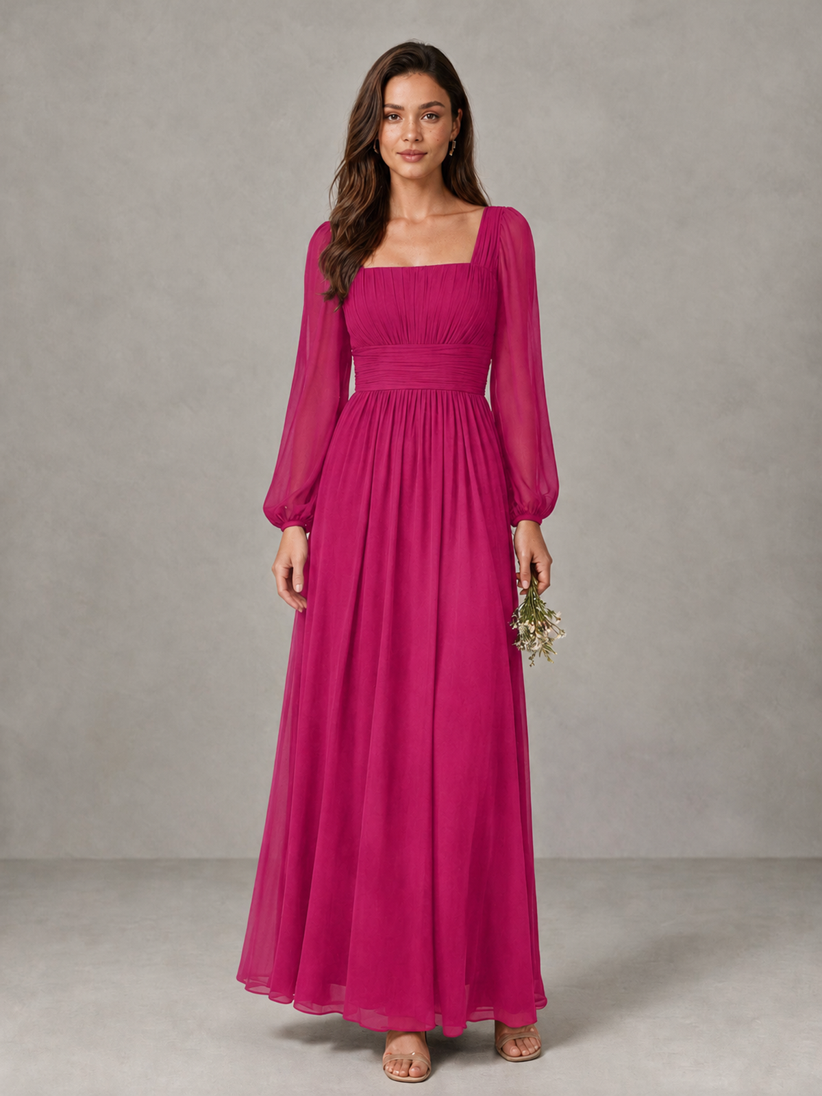 BOLODOO Fuchsia Square Neck Long Sleeve Chiffon Bridesmaid Dress - Fuchsia - Fuchsia_1