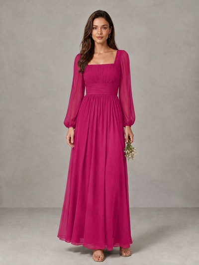 BOLODOO Fuchsia Square Neck Long Sleeve Chiffon Bridesmaid Dress - Fuchsia - Fuchsia_1