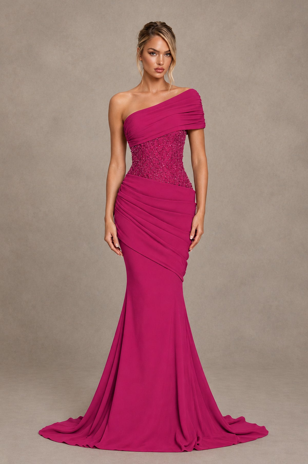 BOLODOO Fuchsia One-Shoulder Sequin Embroidered Ruched Mermaid Gown with Train - Fuchsia - Fuchsia_1