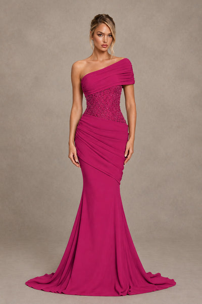 BOLODOO Fuchsia One-Shoulder Sequin Embroidered Ruched Mermaid Gown with Train - Fuchsia - Fuchsia_1
