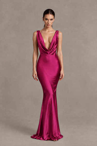 BOLODOO Fuchsia Cowl Neck Backless Satin Mermaid Evening Dress - Fuchsia - Fuchsia_1