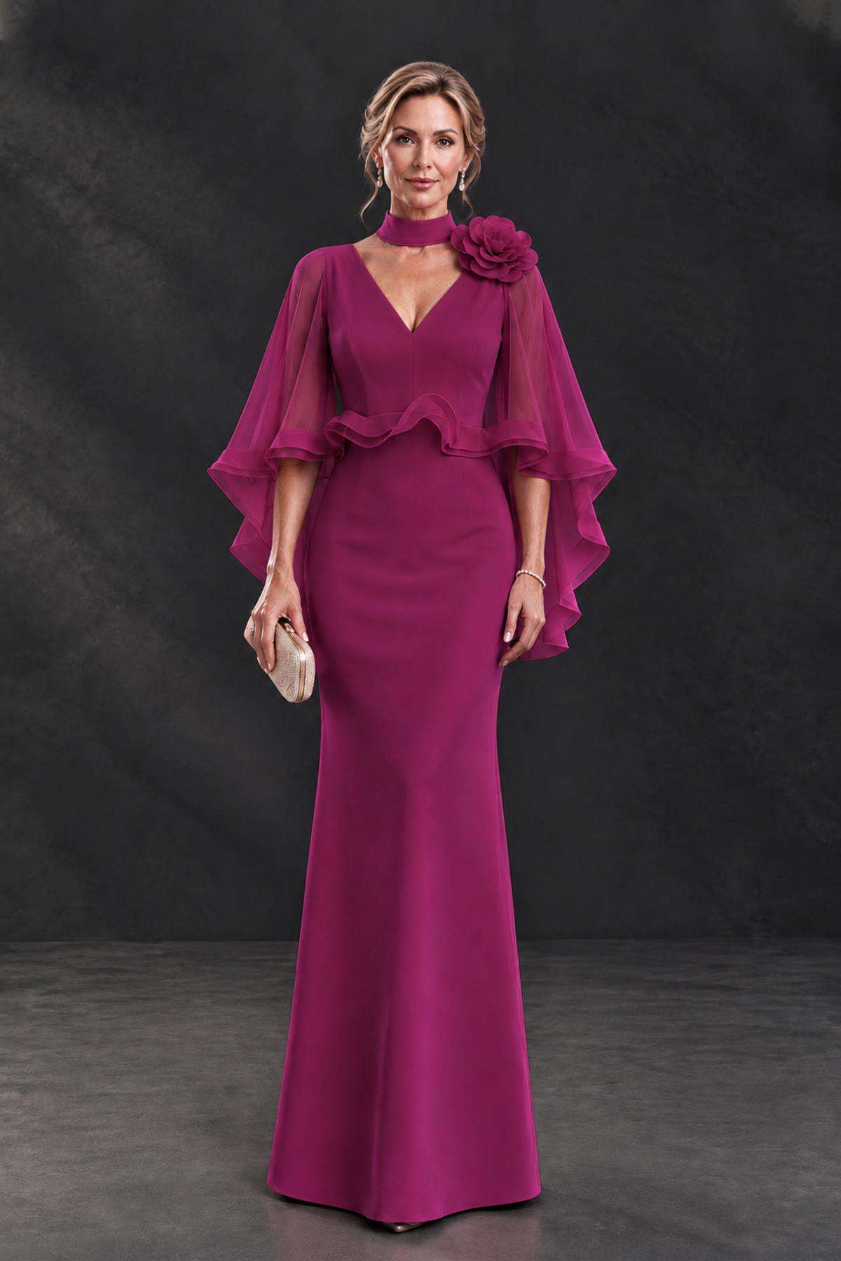 BOLODOO Fuchsia Floral Cape Sleeve Mother of the Bride Dress - Fuchsia - Fuchsia_1