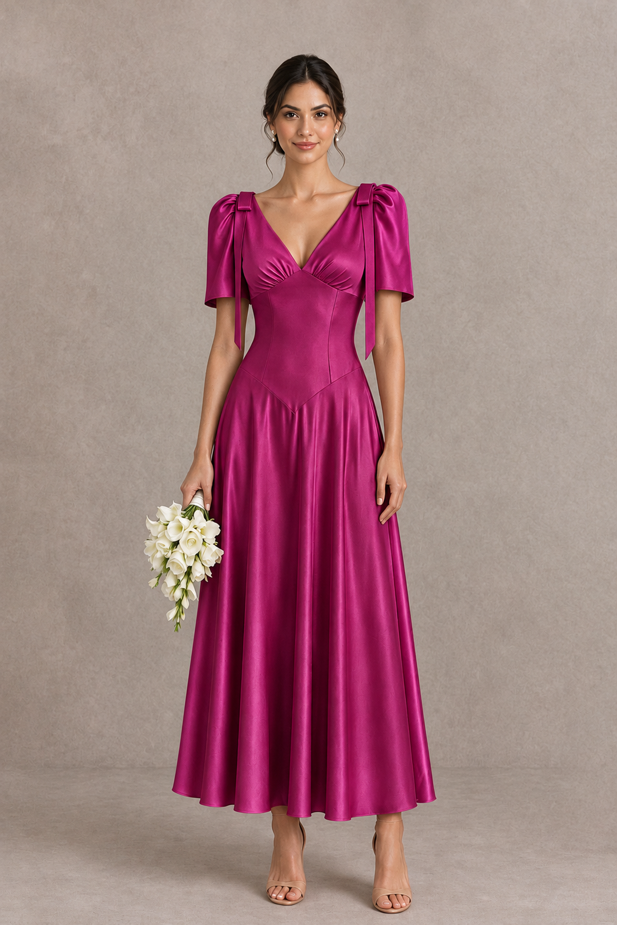 BOLODOO Fuchsia V-Neck Short Sleeve Satin-Look Bridesmaid Dress with Shoulder Bows - Fuchsia - Fuchsia_1