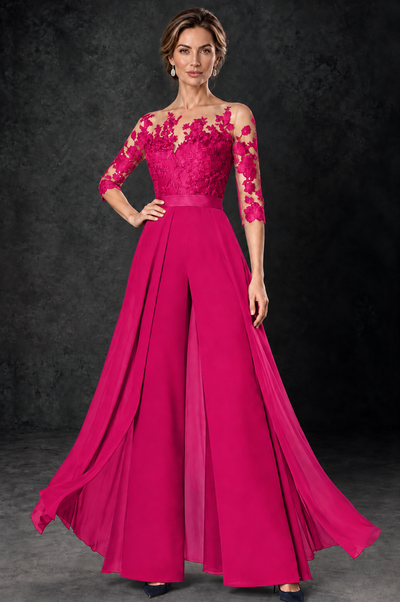 BOLODOO Fuchsia Lace Wide-Leg Jumpsuit with Three-Quarter Sleeves - Fuchsia - Fuchsia_1
