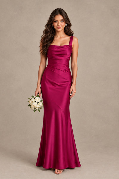 BOLODOO Fuchsia Square Neck Ruched Satin Lace-Up Bridesmaid Dress - Fuchsia - Fuchsia_1