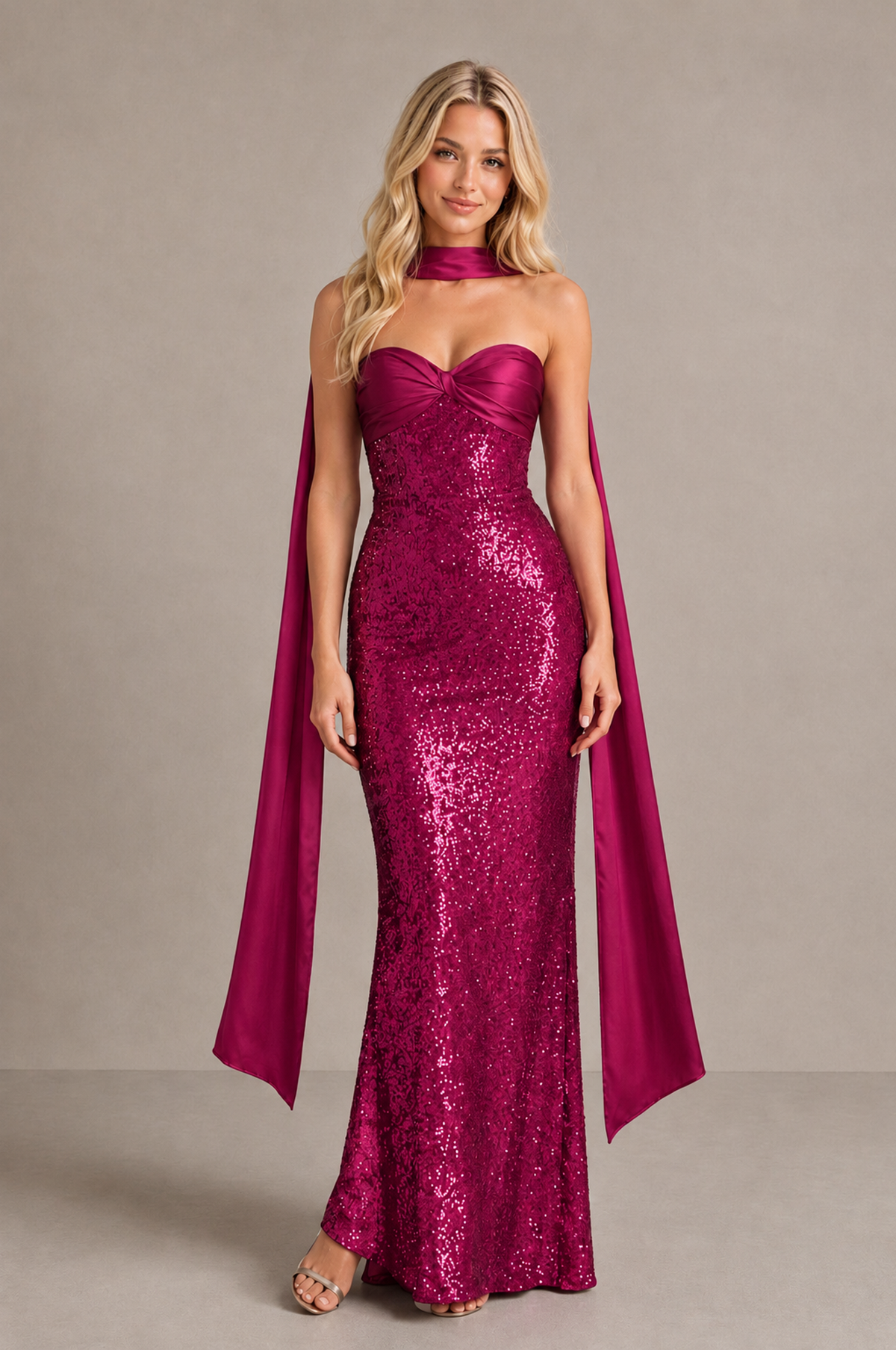 BOLODOO Fuchsia Strapless Sweetheart Evening Dress with Scarf - Fuchsia - Fuchsia_1