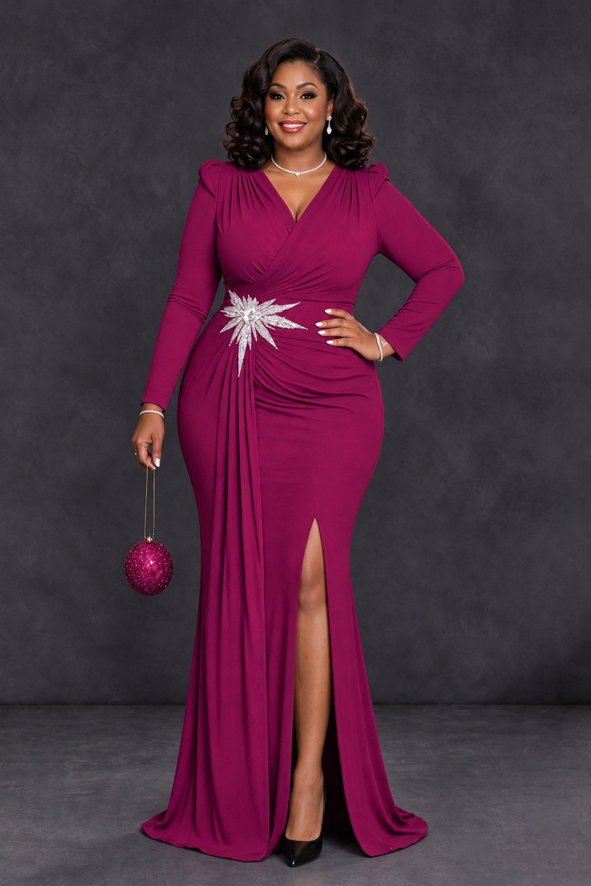 BOLODOO Fuchsia Plus Size Long Sleeve V-Neck Mother of the Bride Dress with Slit - Fuchsia - Fuchsia_1