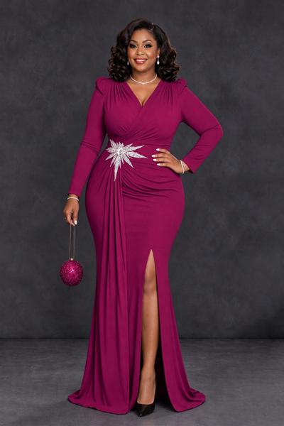BOLODOO Fuchsia Plus Size Long Sleeve V-Neck Mother of the Bride Dress with Slit - Fuchsia - Fuchsia_1