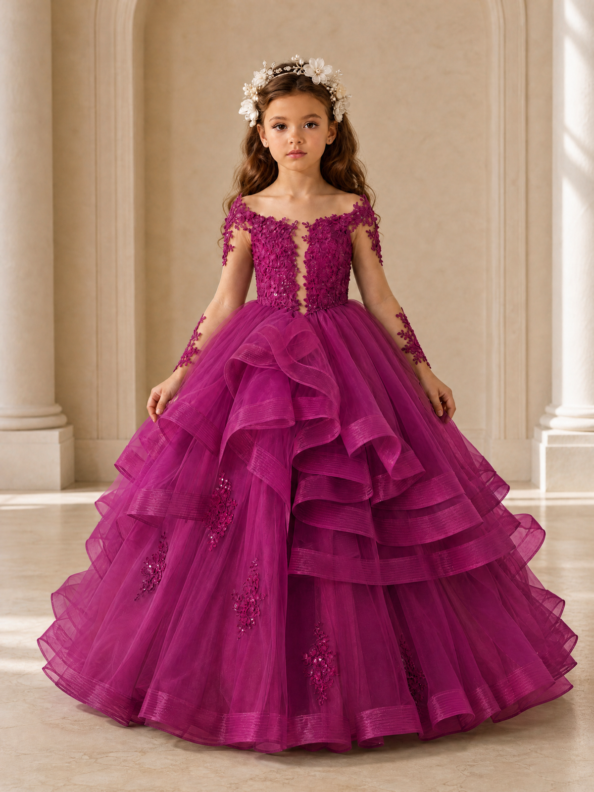 BOLODOO Fuchsia Lace Long Sleeve Tiered Flower Girl Dress - Fuchsia - Fuchsia_1
