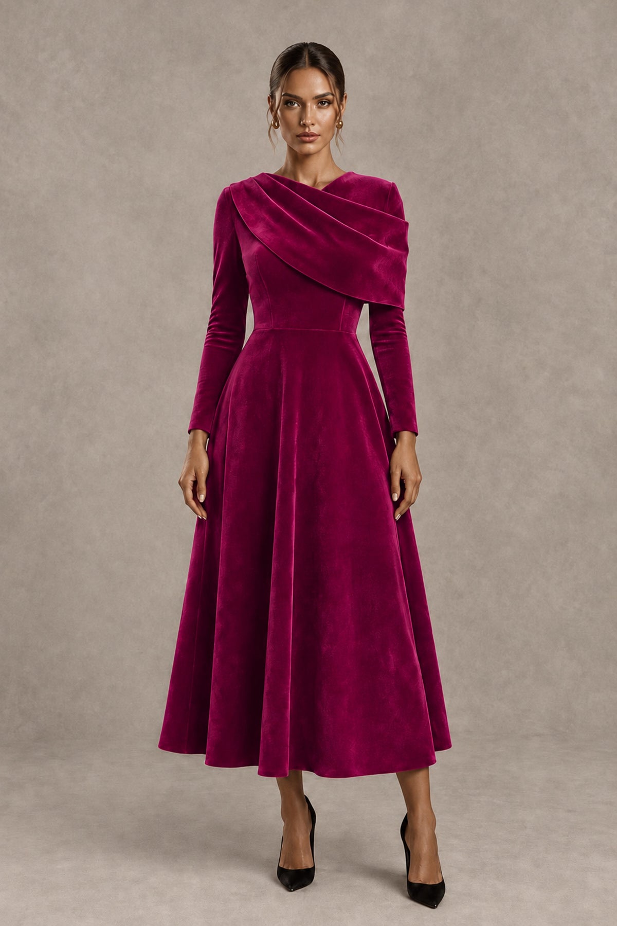 BOLODOO Fuchsia Velvet-Look Long Sleeve Tea-Length A-Line Dress with Draped Neckline - Fuchsia - Fuchsia_1
