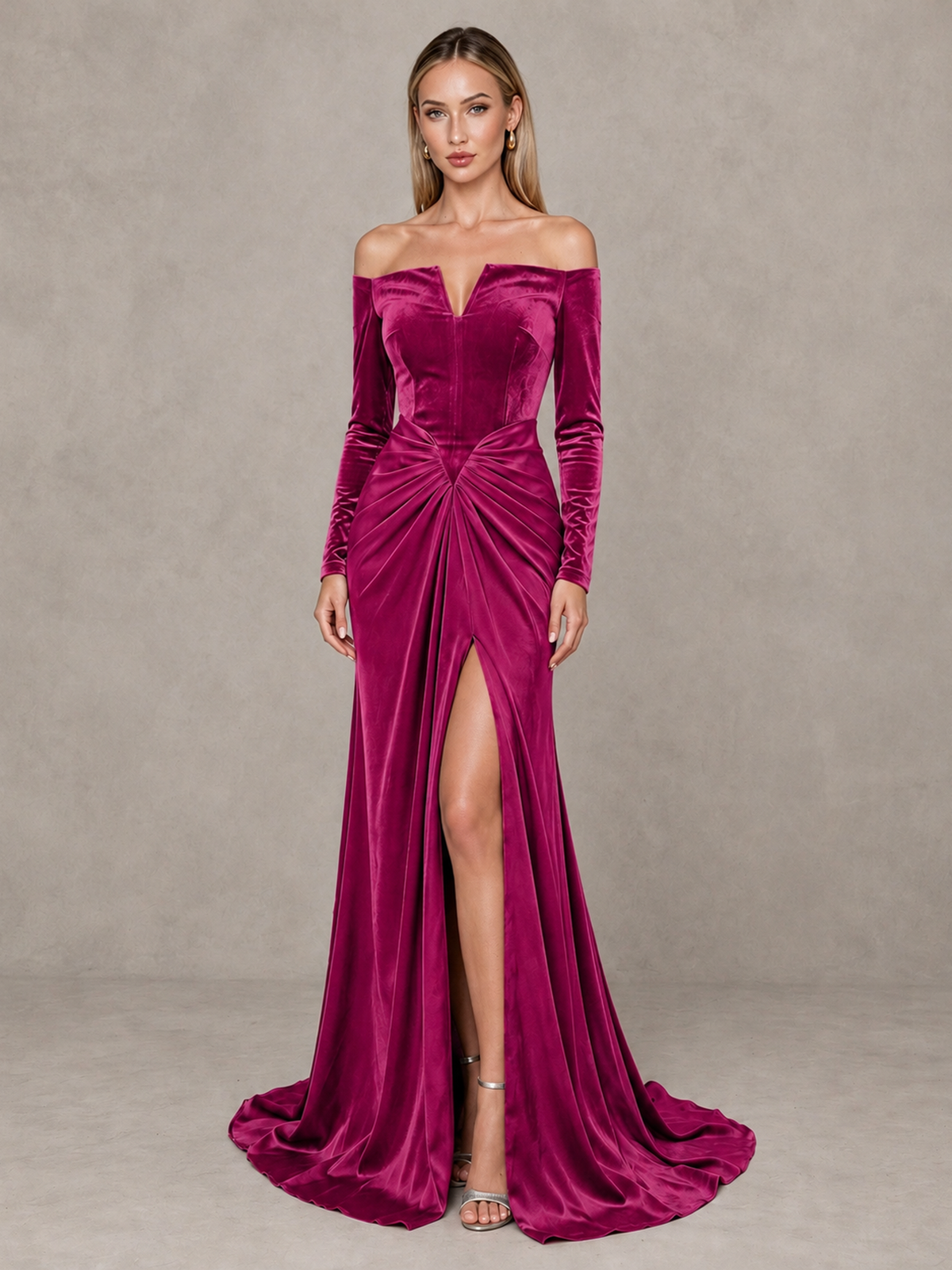 BOLODOO Fuchsia Off-Shoulder Velvet Evening Gown with High Slit - Fuchsia - Fuchsia_1