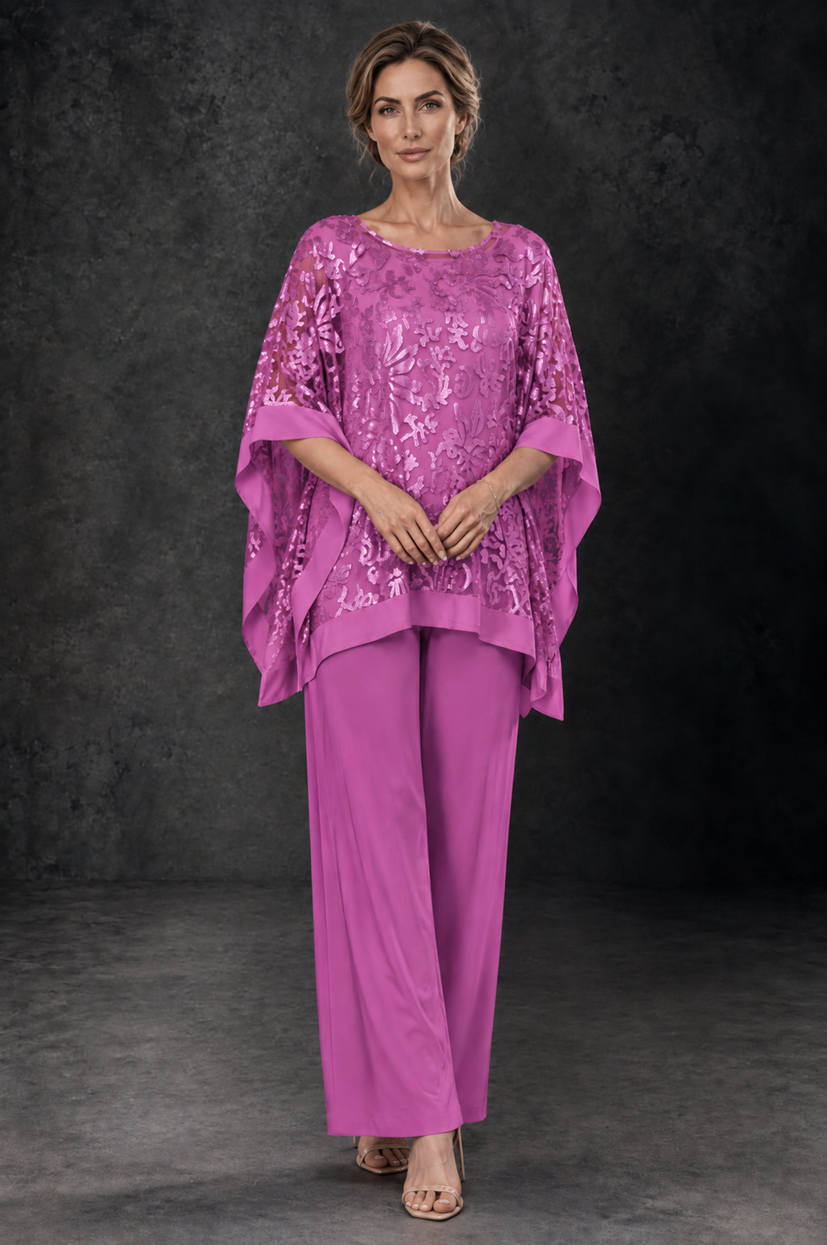 BOLODOO Fuchsia Floral Cape Mother of the Bride Pant Suit - Fuchsia - Fuchsia_1