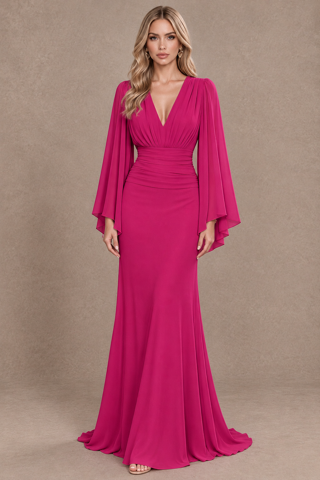 BOLODOO Fuchsia Cape Sleeve V-Neck Ruched Chiffon Evening Dress - Fuchsia - Fuchsia_1