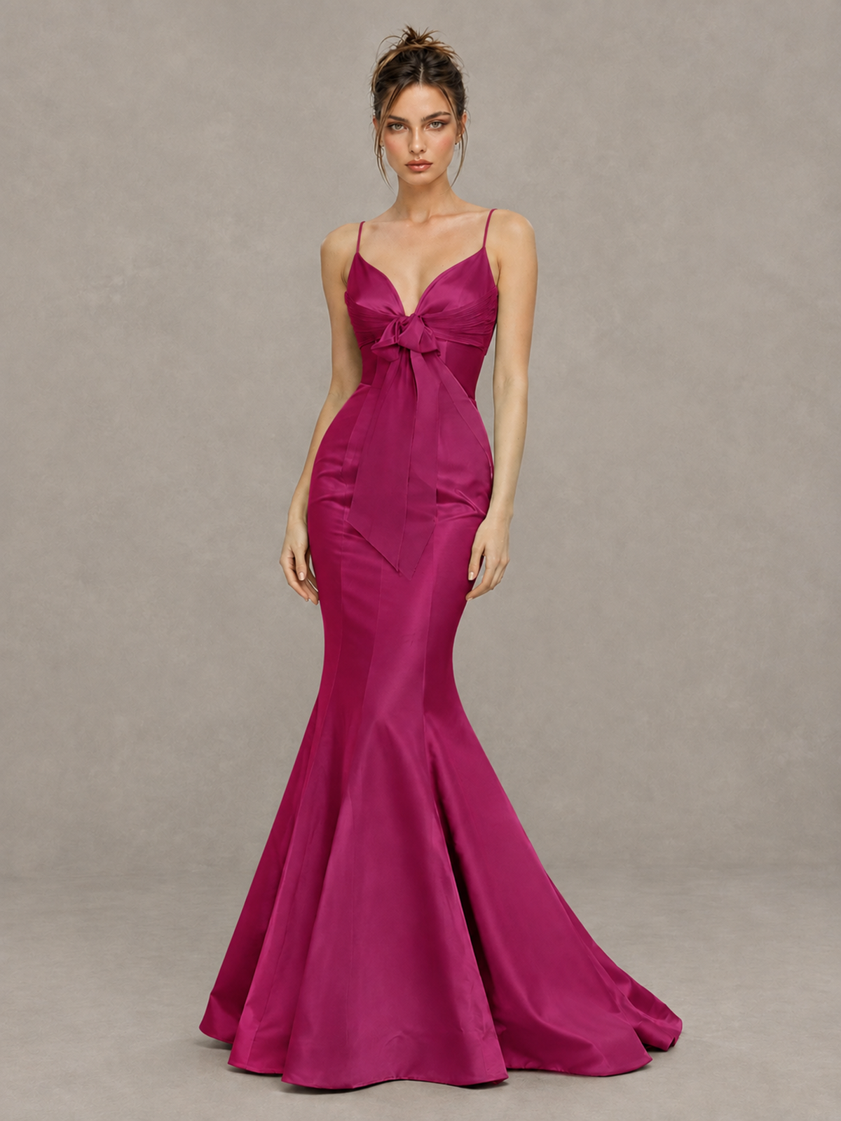 BOLODOO Fuchsia Satin-Look Mermaid Prom Dress with Bow - Fuchsia - Fuchsia_1