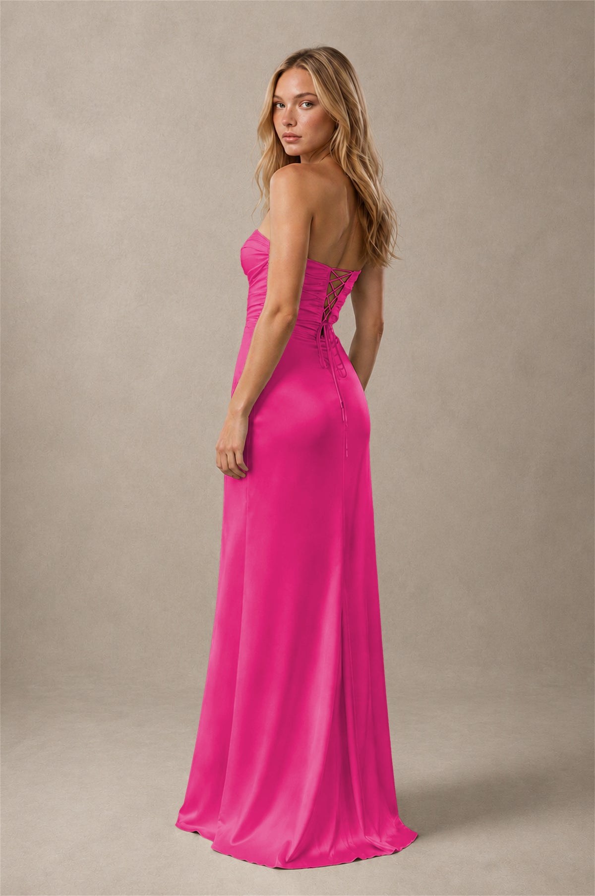 BOLODOO Fuchsia Sweetheart Strapless Twist Knot Cutout Lace-Up Back Satin Mermaid Maxi Dress - Fuchsia - Fuchsia(2)