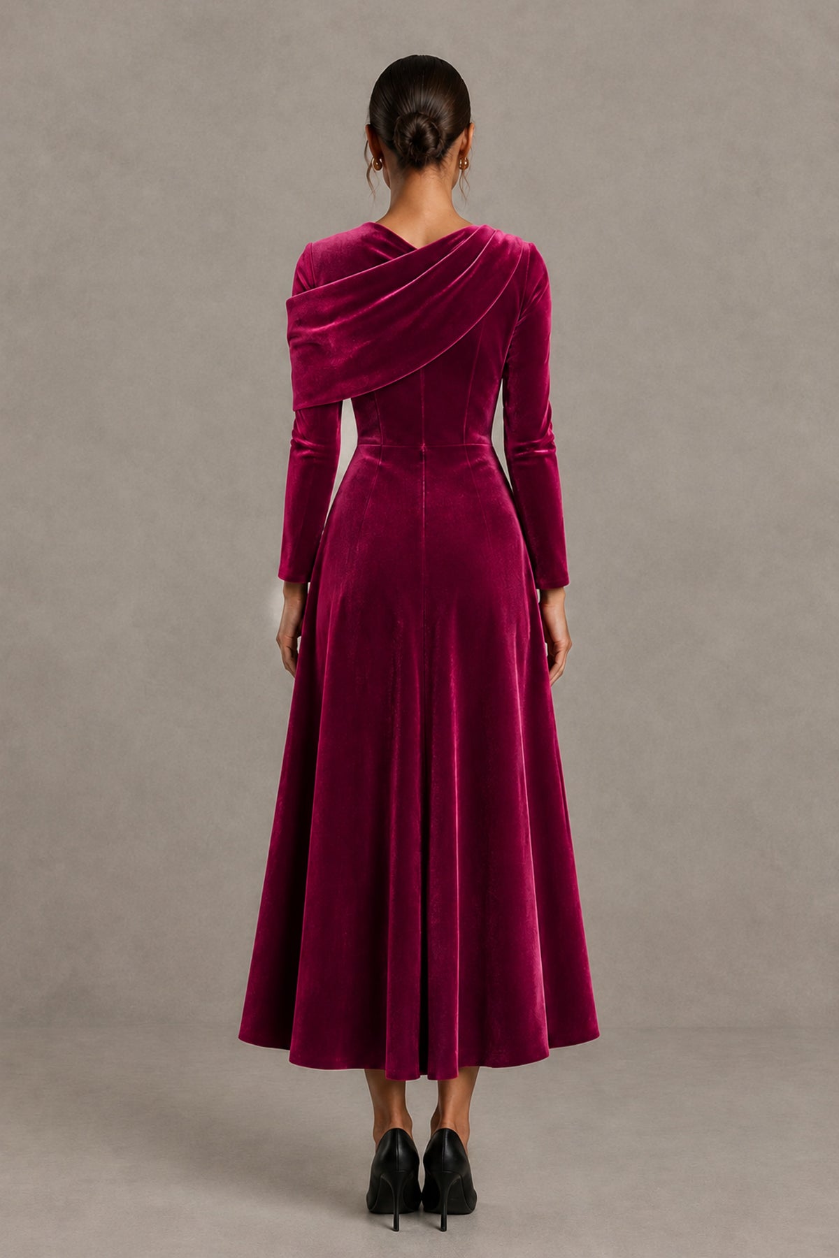 BOLODOO Fuchsia Velvet-Look Long Sleeve Tea-Length A-Line Dress with Draped Neckline - Fuchsia - Fuchsia_2