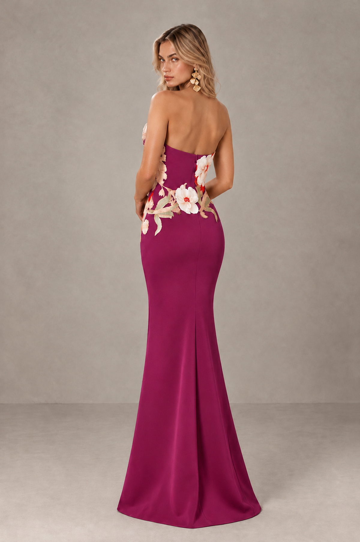 BOLODOO Fuchsia Strapless Floral Mermaid Evening Dress with Slit - Fuchsia - Fuchsia_2