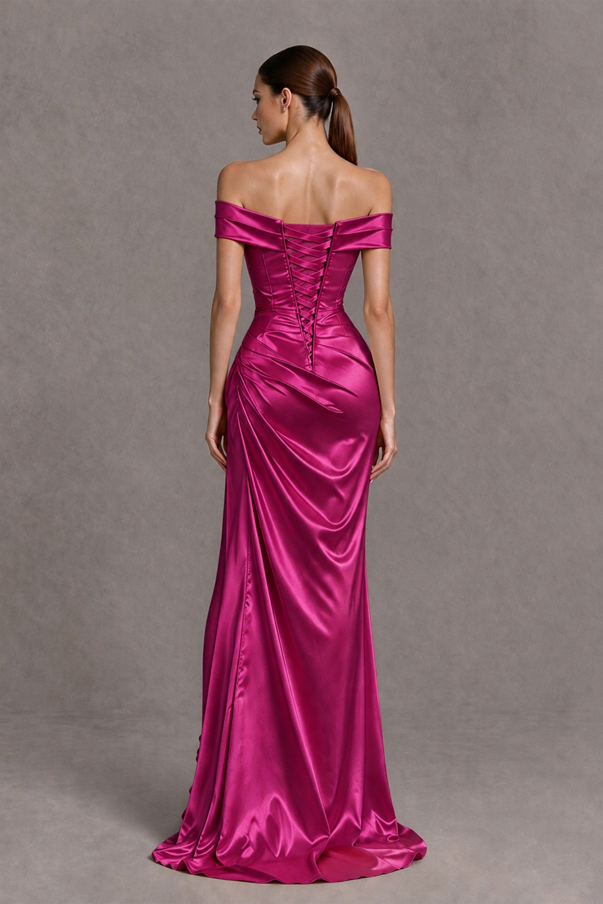 BOLODOO Fuchsia Off-the-Shoulder Ruched Satin Prom & Evening Dress with High Slit - Fuchsia - Fuchsia_2