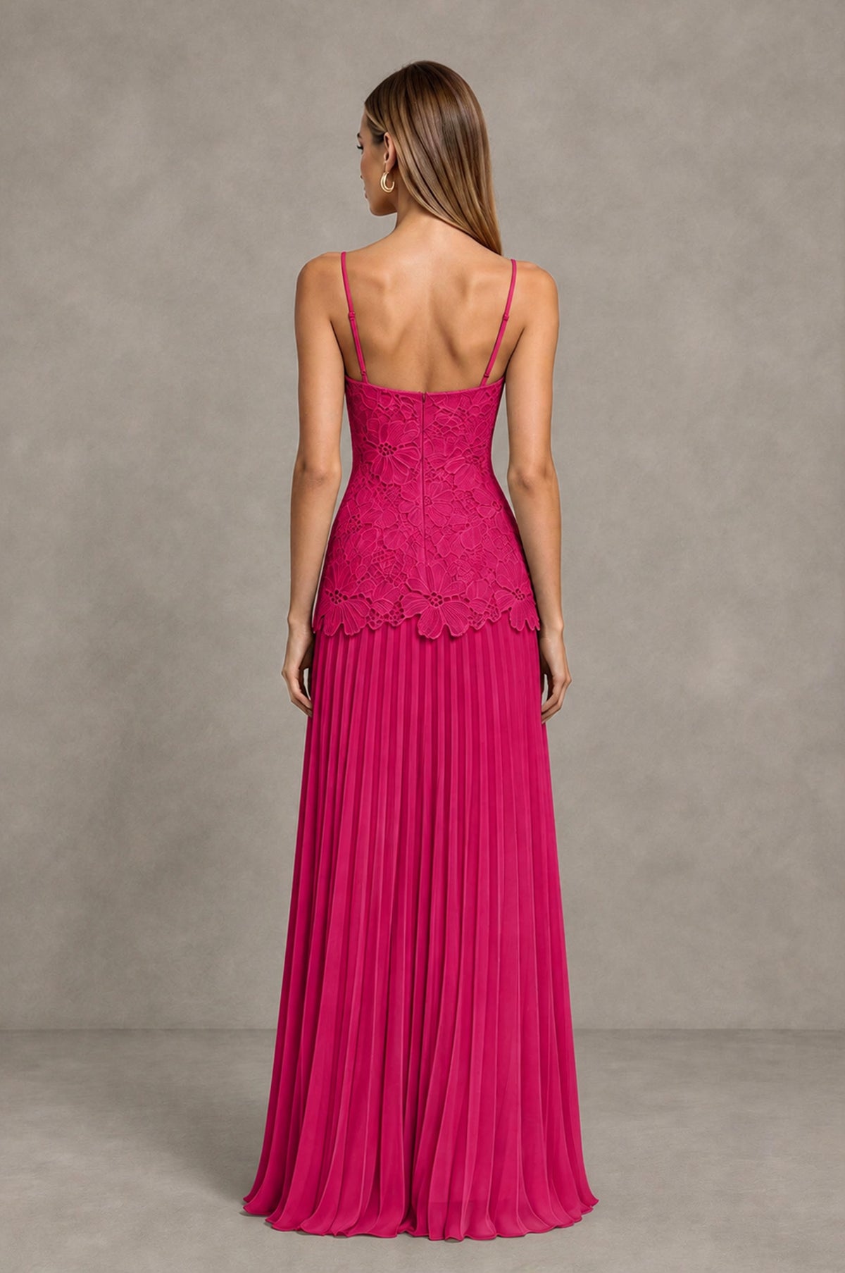 BOLODOO Fuchsia Lace Bodice Pleated Wedding Guest Dress - Fuchsia - Fuchsia_2