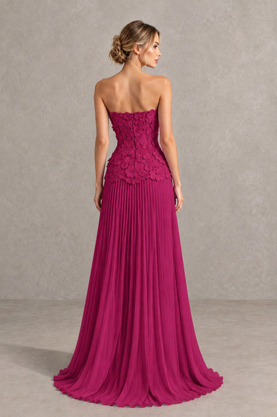 BOLODOO Fuchsia Strapless Floral Applique Pleated Evening Dress - Fuchsia - Fuchsia_2