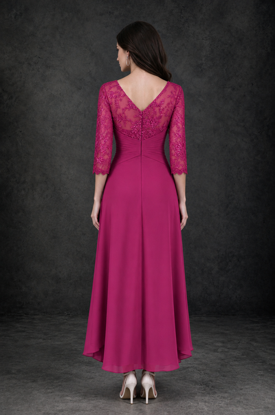 BOLODOO Fuchsia Sequin Lace & Chiffon Tea-Length Mother of the Bride Dress with 3/4 Sleeves - Fuchsia - Fuchsia_2