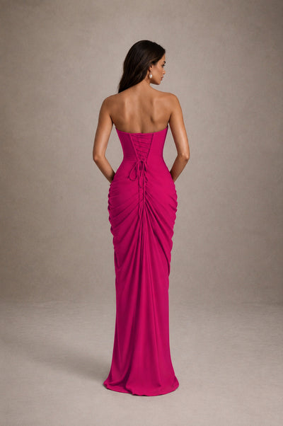 BOLODOO Strapless Draped Maxi Dress - Fuchsia Backless Evening Gown with High Slit - Fuchsia - Fuchsia_2