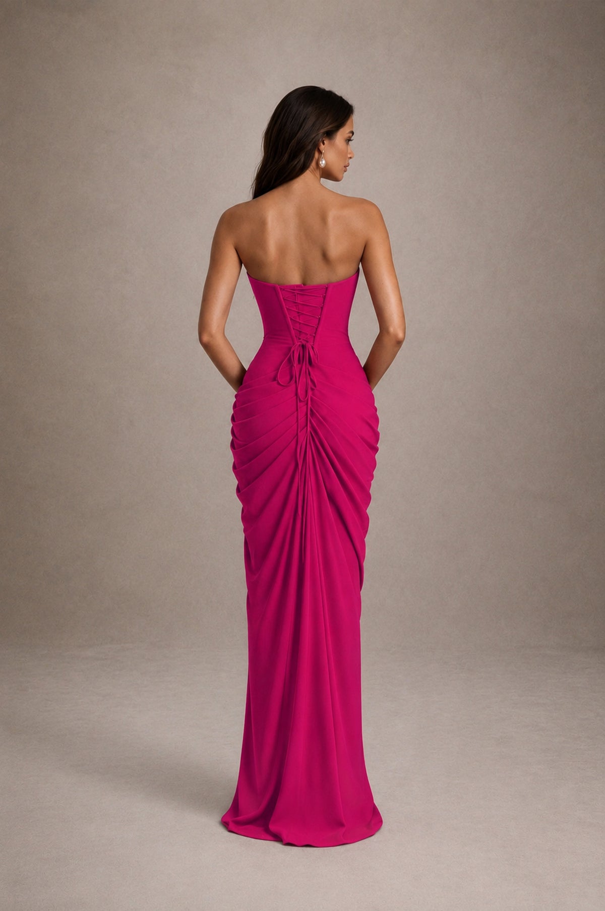 BOLODOO Strapless Draped Maxi Dress - Fuchsia Backless Evening Gown with High Slit - Fuchsia - Fuchsia_2