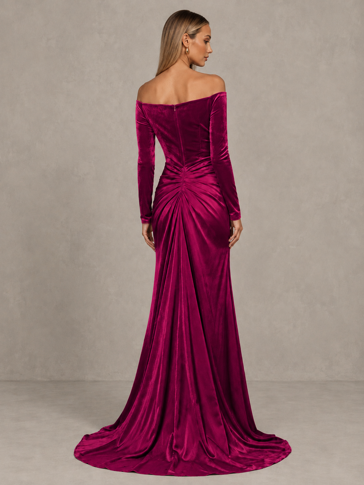 BOLODOO Fuchsia Off-Shoulder Velvet Evening Gown with High Slit - Fuchsia - Fuchsia_2
