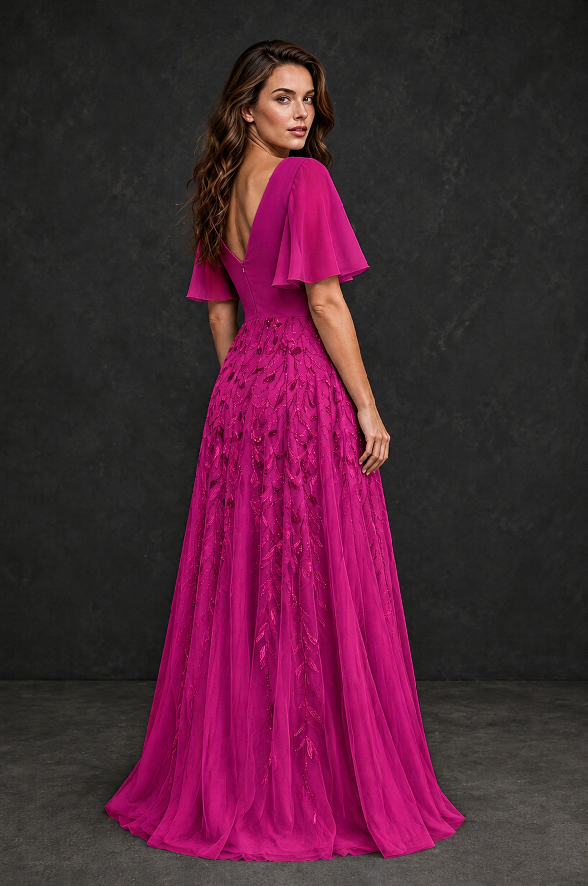 BOLODOO Fuchsia V-Neck Flutter Sleeve Beaded Botanical Tulle A-Line Gown | Mother of the Bride Evening Dress - Fuchsia - Fuchsia_2