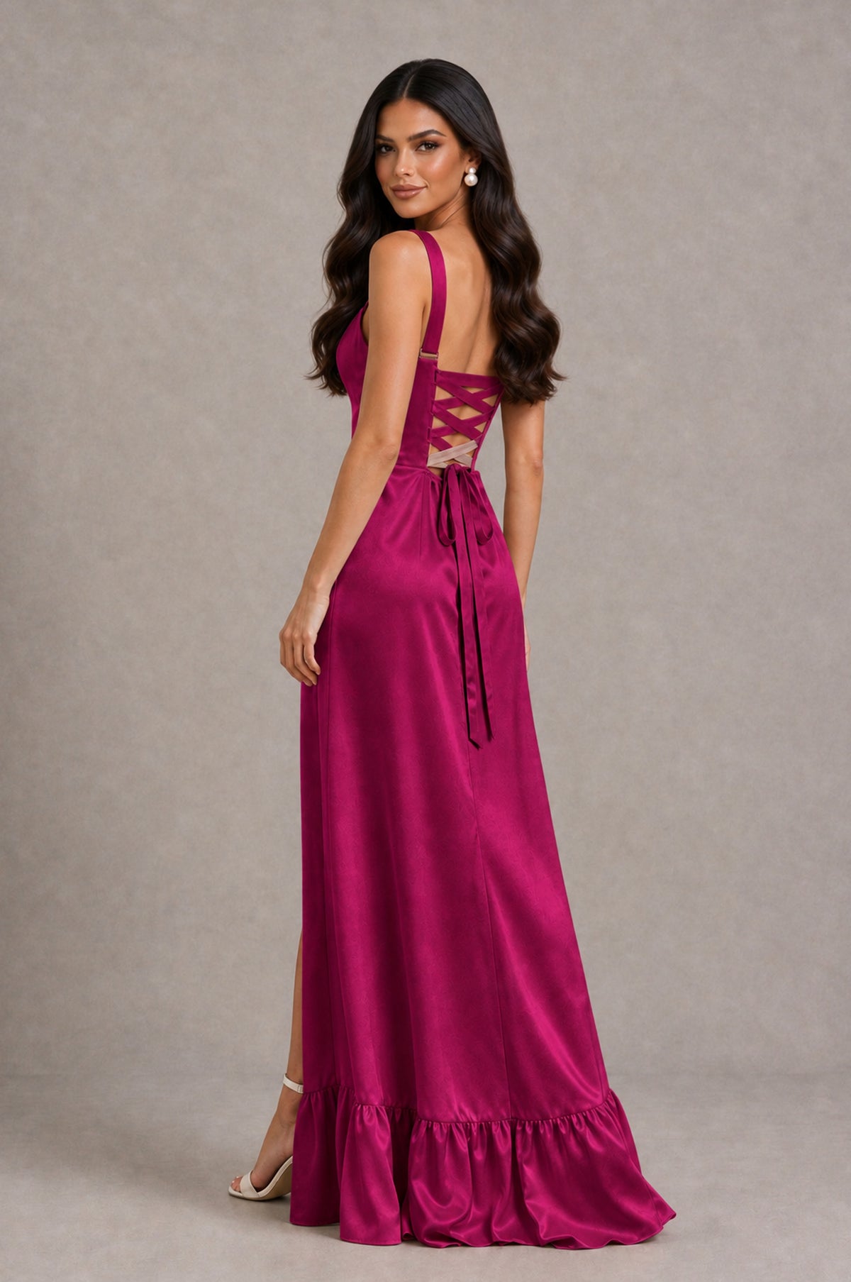 BOLODOO Fuchsia Square Neck Satin Evening Dress with Lace-Up Back and High Slit - Fuchsia - Fuchsia_2